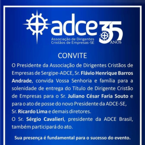 CONVITE – Solenidade de entrega do Título de Dirigente Cristão de Empresas e ato de posse do novo Presidente da ADCE-SE
